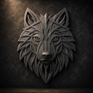 Könnte beinhalten: Detaillierte, graue Wolfskopfskulptur mit komplizierten, geometrischen Mustern. Das Kunstwerk ist an einer dunklen, strukturierten Wand angebracht, was einen auffälligen Kontrast erzeugt. Die Merkmale des Wolfs sind präzise geschnitzt.