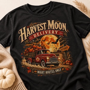Vintage pompoentruck PNG, Harvest Moon herfstsublimatie, Halloween shirtontwerp, herfstboerderijafbeelding