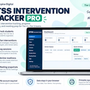 Op de afbeelding: Een laptop die het MTSS Intervention Tracker Pro dashboard weergeeft. Het scherm toont een donkerblauwe zijbalk met navigatieopties en een wit hoofdgedeelte met statistieken voor actieve studenten, plannen en een actiewachtrij. Tekst bevat Northpine Digital, MTSS Intervention Tracker Pro en Support Students. Make Progress.