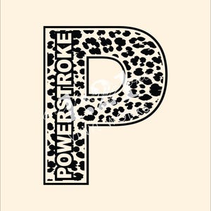 Könnte beinhalten: Ein großer Großbuchstabe P mit einem Leopardenmuster in Schwarz und Creme. Der vertikale Balken des Buchstabens enthält das Wort POWERSTROKE, geschrieben in fetten, weißen, serifenlosen Großbuchstaben auf schwarzem Grund.