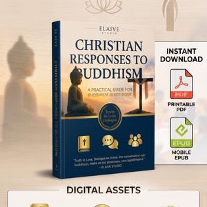 Puede incluir: Un libro digital titulado Christian Responses to Buddhism de Elaive Studio. La portada muestra la silueta de una estatua de Buda y una cruz al atardecer. Incluye iconos para formatos PDF y EPUB, además de secciones para respuestas bíblicas y formación.