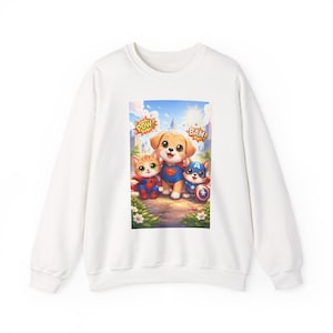 May include: White sweatshirt featuring a colorful graphic of three cartoon animals dressed as superheroes. The image includes a kitten, a puppy, and a puppy wearing a Captain America costume. The words "POW!" and "BAM!" are also in the image.