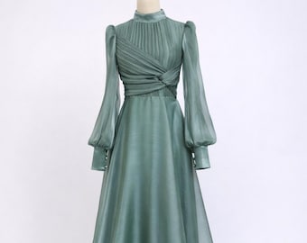 Sage Green Modest Evening Dress Long Sleeve High Neck Maxi Dress Muslim Formal Dress Elegant Engagement Dress Chiffon Sleeve Dress