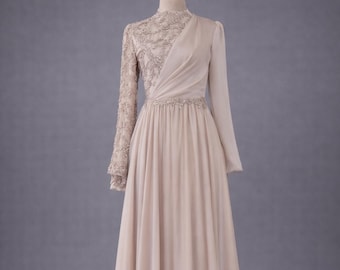 Beige Muslim Evening Dress Modest Wedding Dress Hijab Formal Gown Long Sleeve Elegant Islamic Bridal Engagement Dress