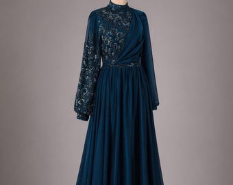 Teal Muslim Evening Dress Modest Wedding Dress Hijab Formal Gown Long Sleeve Elegant Islamic Evening Gown Lace Detail Maxi Dress