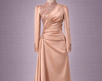 Hijab Satin Muslim Evening Dress Modest Wedding Dress Hijab Formal Gown Long Sleeve Draped Maxi Dress Elegant Islamic