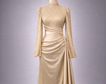 Muslim Evening Dress Modest Hijab Wedding Gown Long Sleeve Satin Sequin Dress Islamic Formal Maxi Elegant Modest Dress for Women