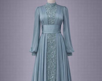 Sage Green Muslim Evening Dress Modest Wedding Dress Hijab Formal Gown Long Sleeve Lace Maxi Dress Elegant Islamic Dress