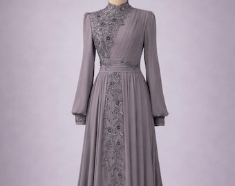 Chiffon Muslim Evening Dress Luxury Modest Gown Hijab Formal Dress Long Sleeve Embellished Maxi Dress Elegant Wedding Guest Outfit