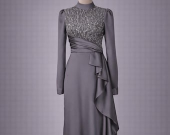 Grey Muslim Evening Dress Modest Wedding Dress Hijab Formal Gown Long Sleeve Sequin Ruffle Maxi Dress Elegant Islamic Dress