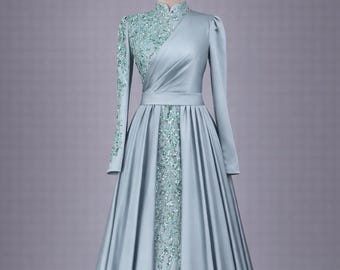 Mint Green Muslim Evening Dress Modest Wedding Dress Hijab Formal Gown Long Sleeve Lace Maxi Dress Elegant Islamic Bridal Dress