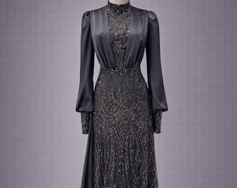 Charcoal Black Muslim Evening Dress Modest Wedding Dress Hijab Formal Gown Long Sleeve Sequin Lace Maxi Dress Elegant Islamic Dress