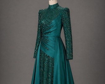 Vestido largo de manga larga con cuentas color verde esmeralda – Vestido islámico formal y modesto