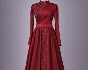 Red Muslim Evening Dress Modest Wedding Dress Hijab Formal Gown Long Sleeve Lace Maxi Dress Elegant Islamic Evening Gown