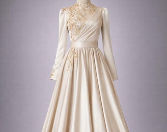 Champagne Muslim Wedding Dress Modest Bridal Gown Hijab Wedding Dress Long Sleeve Elegant Islamic Bridal Dress Satin Gold Embroidery