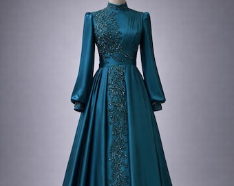Teal Muslim Evening Dress Modest Wedding Dress Hijab Formal Gown Long Sleeve Elegant Islamic Evening Gown Satin Beaded Maxi Dress