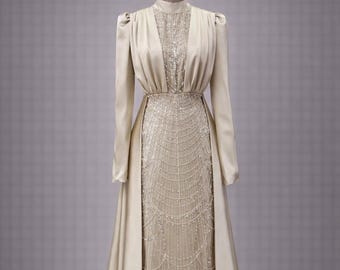 Hijab Muslim Evening Dress Modest Wedding Dress Hijab Formal Gown Beaded Maxi Dress Long Sleeve Elegant Islamic Dress