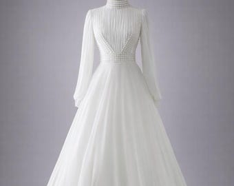 Modest Wedding Dress Long Sleeve High Neck Bridal Gown Lace Sleeve Bridal Dress Muslim Wedding Dress A Line Minimalist Bridal Gown