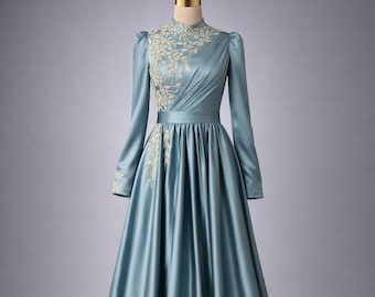 Dusty Blue Muslim Wedding Dress Modest Evening Gown Hijab Dress Long Sleeve Satin Dress Islamic Formal Dress Elegant Embroidered Gown