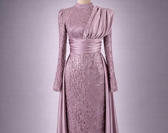 Dusty Rose Muslim Evening Dress Modest Hijab Wedding Gown Long Sleeve Sequin Embroidered Dress Islamic Formal Maxi Elegant Satin Dress