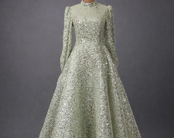 Sage Green Muslim Evening Dress Modest Wedding Dress Hijab Formal Gown Sequin Midi Dress Long Sleeve Elegant Islamic Dress
