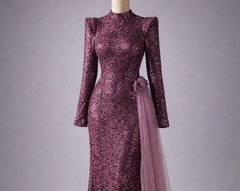 Burgundy Sequin Muslim Evening Dress Modest Wedding Dress Hijab Formal Gown Long Sleeve Elegant Islamic Bridal Reception Dress