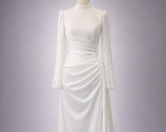 Muslim Wedding Dress Modest Hijab Evening Gown Long Sleeve Satin Dress Islamic Bridal Dress Elegant Modest Maxi Formal Dress for Women