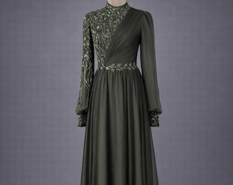 Olive Green Muslim Evening Dress Modest Wedding Dress Hijab Formal Gown Long Sleeve Elegant Islamic Bridal Reception Dress