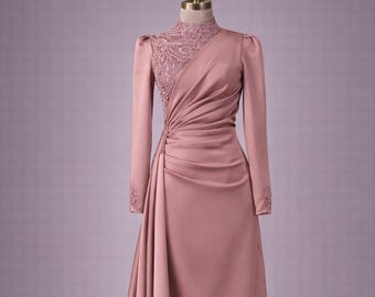 Hijab Satin Muslim Evening Dress Modest Wedding Dress Hijab Formal Gown Long Sleeve Draped Maxi Dress Elegant Islamic