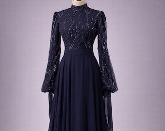 Navy Blue Muslim Evening Dress Modest Wedding Dress Hijab Formal Gown Long Sleeve Chiffon Maxi Dress Elegant Islamic Dress