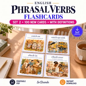 Puede incluir: Un conjunto de cuatro tarjetas didácticas de verbos compuestos en inglés titulado Set 2 con 100 tarjetas nuevas. Cada tarjeta presenta un verbo, su definición y una ilustración colorida. Las tarjetas muestran catch on, catch up with, check in y check over.