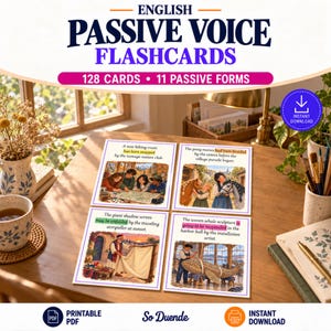 Op de afbeelding: Een set Engelse passieve vorm flashcards met 128 kaarten en 11 passieve vormen. De kaarten tonen geïllustreerde scènes met beschrijvende zinnen, waarbij passieve werkwoordsvormen in kleur zijn gemarkeerd. Inclusief een blauw instant download icoon.
