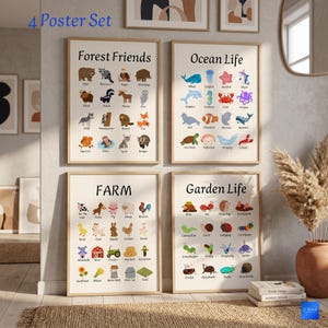May include: Four framed posters with educational themes. The posters display illustrations of animals from the forest, ocean, farm, and garden, with the titles "Forest Friends", "Ocean Life", "Farm", and "Garden Life" at the top.