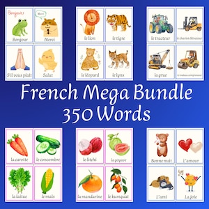 以下が含まれることがあります： French Mega Bundle 350 Wordsの教育セット。動物、乗り物、食べ物、表現の水彩イラストが描かれた複数の長方形カードで構成されています。各カードには、Bonjour、Merci、le lion、le tracteur、la carotte、la joieなど、画像の下にフランス語の単語やフレーズが表示されています。