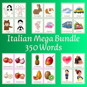 Riesiges italienisches Karteikarten-Paket, 350 Wörter, Tiere, Obst, Gemüse & Fahrzeuge, Italienischer Wortschatz für Kinder, zum Ausdrucken für den Heimunterricht