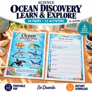 Op de afbeelding: Een printbare PDF educatieve activiteitenset getiteld Science Ocean Discovery Learn & Explore, met 34 pagina's en 13 activiteiten. De pagina's tonen illustraties van het onderwaterleven zoals anemoonvissen, zeeschildpadden en haaien.