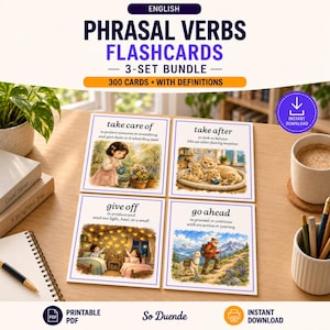 300 English Phrasal Verb Flashcards Bundle, 3 Printable ESL Vocabulary Sets with Definitions