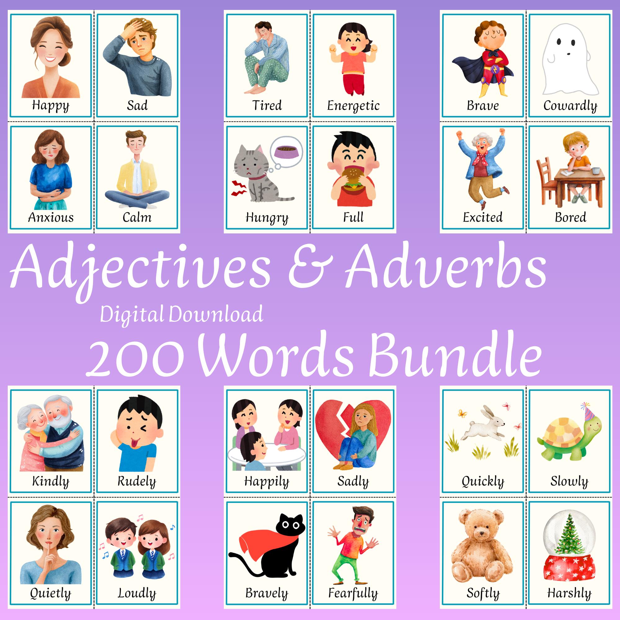 Adjectives and Adverbs Flashcards Bundle, Printable Grammar Cards for ...