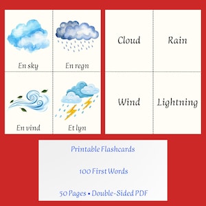Op de afbeelding: Printbare flashcards met illustraties en woordenschat over het weer. De kaarten tonen afbeeldingen van wolken, regen, wind en bliksem, met woorden in het Nederlands en een andere taal. De tekst: "Printable Flashcards, 100 First Words, 50 Pages • Double-Sided PDF."