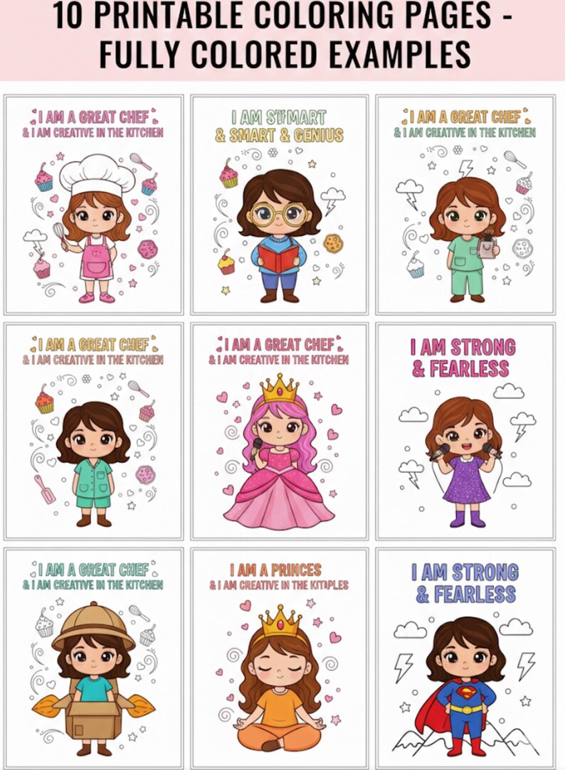 10 Girls Coloring Pages, Printable Coloring Book for Kids, Cute Girl ...