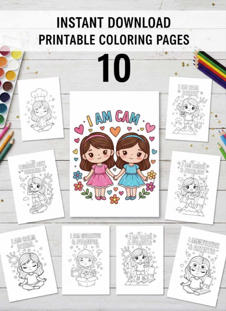 10 Girls Coloring Pages, Printable Coloring Book for Kids, Cute Girl ...