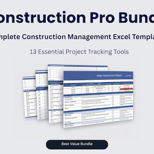 Könnte beinhalten: Bild des "Construction Pro Bundle" mit dem Text "Complete Construction Management Excel Templates" und "13 Essential Project Tracking Tools". Das Bild zeigt mehrere Dokumente mit blau-weißen Designs. Die Worte "Best Value Bundle" sind ebenfalls sichtbar.