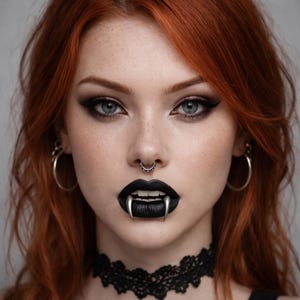 May include: A close-up portrait of a person with red hair, wearing a black lace choker, silver hoop earrings, and a silver nose ring. The person has black lipstick and silver fangs.
