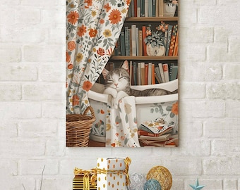 Cute Sleeping Cat In Bathtub Canvas Print, Cozy Book Lover Poster, Floral Bathroom Wall Art, Reading Nook Decor, Cat Mom Gift Decor Friends.