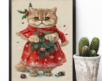 Cute Cat Christmas Poster, Vintage Feline Holiday Canvas, Festive Kitten Wall Poster, Pet Lover Xmas Gift Canvas, Retro Animal Wall Art Gift