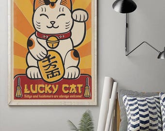 Lucky Cat Maneki-Neko Art Poster, Japanese Fortune Cat Wall Art Canvas, Good Luck Prosperity Print, Retro Asian Home Decor Poster Gift Her