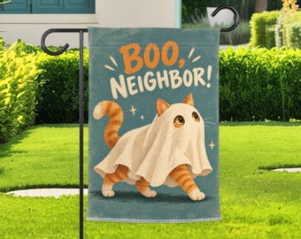 Ghost Cat Halloween Garden Flag, Funny Spooky Kitty Yard Decor, Autumn Porch Banner