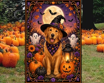 Halloween Golden Retriever Garden Flag, Witch Hat Dog Yard Decor, Pumpkin Ghost Outdoor Banner, Cute Fall Porch Decoration, Pet Lovers Gifts