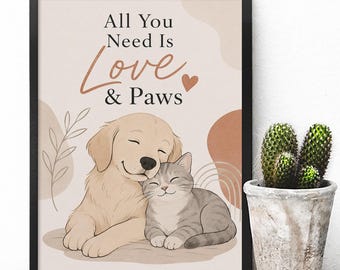 Dog And Cat Canvas Wall Art, Cute Pet Poster, Neutral Boho Animal Decor, Puppy Kitten Print, Pet Lover Gift, Living Room Bedroom Decorations