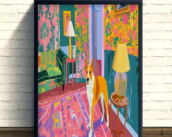 Colorful Dog Art Canvas, Maximalist Room Decor Poster, Eclectic Interior Print, Vibrant Pet Lover Gift, Floral Wallpaper Wall Art Decor Home